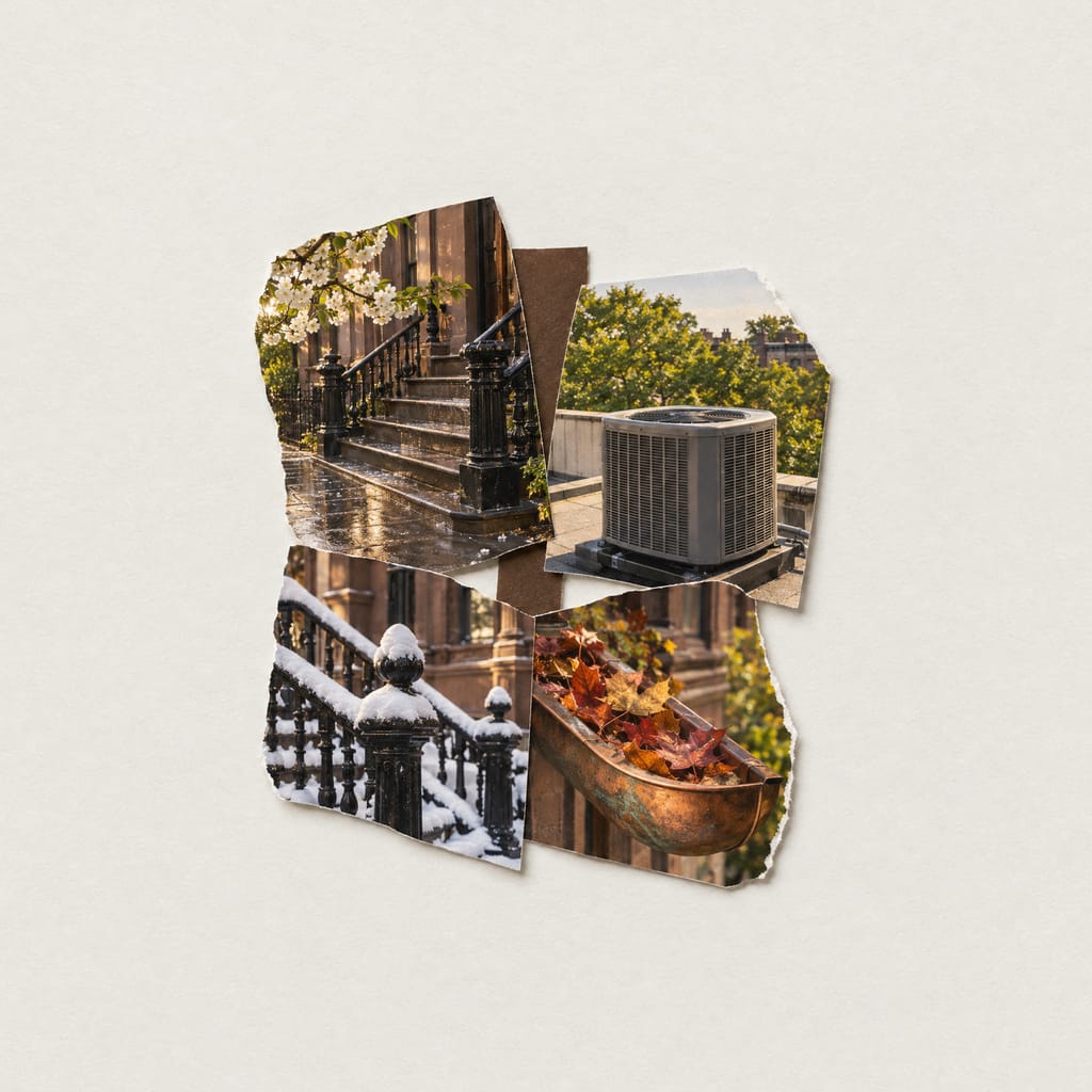 A collage of cut-out photographs of a brownstone's year on pale paper: a freshly washed stoop under spring blossom, an air-conditioning condenser on a summer roof, autumn leaves in a copper gutter and snow on iron stoop railings.