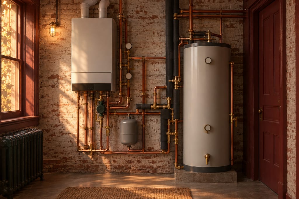 A clean cellar mechanical room with a boiler, a water heater and insulated copper piping.