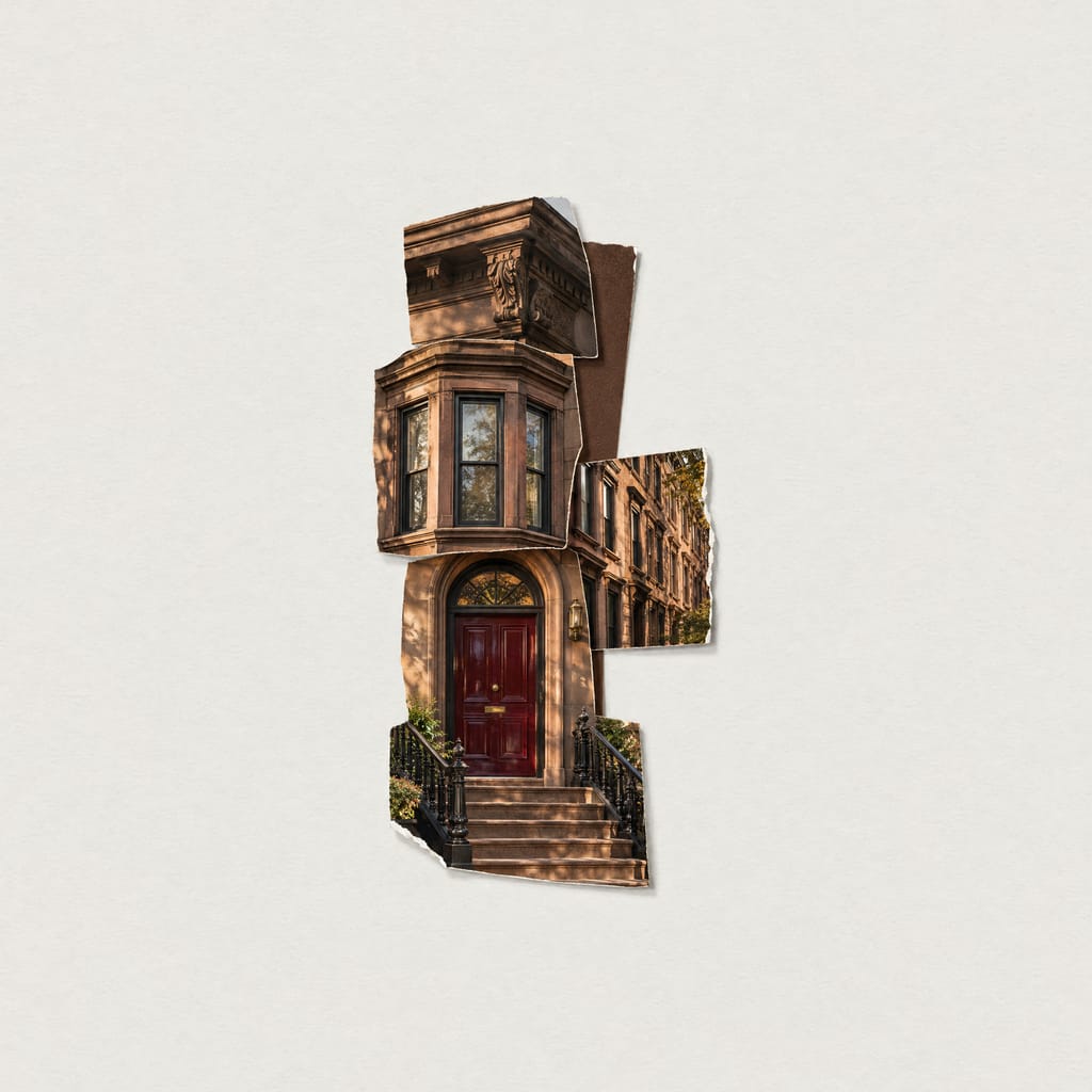A collage of cut-out photographs of brownstone details on pale paper: a cornice, a bay window, an oxblood front door, a stoop with iron railings and a row of facades.