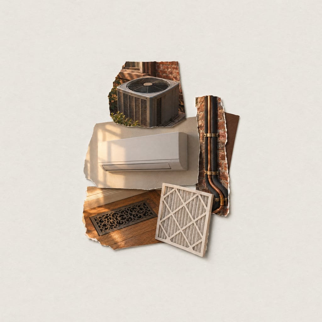A collage of cut-out photographs of cooling on pale paper: an air-conditioning condenser, a ductless wall unit, a cast-iron floor register, a pleated air filter and insulated copper refrigerant lines on brick.