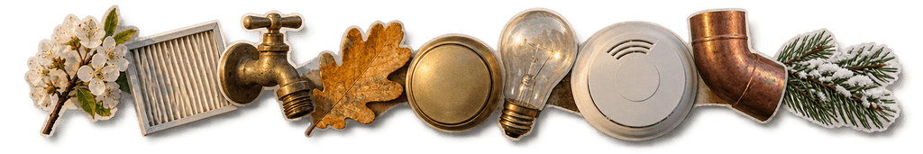 A line of small overlapping cut-out photographs through the year: spring blossom, an air filter, a brass hose bib, an oak leaf, a brass thermostat, a light bulb, a smoke alarm, a copper downspout elbow and a snowy pine sprig.