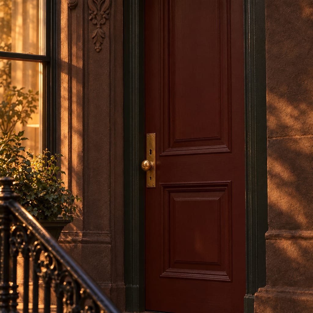 A paneled oxblood front door with a brass knob beside a black iron stoop railing.