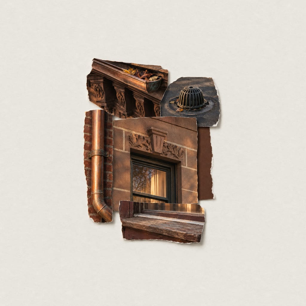 A collage of cut-out photographs of a brownstone's exterior on pale paper: a carved cornice with a copper gutter full of autumn leaves, a roof drain, a copper downspout, a window with a carved lintel and a caulked wooden sill.