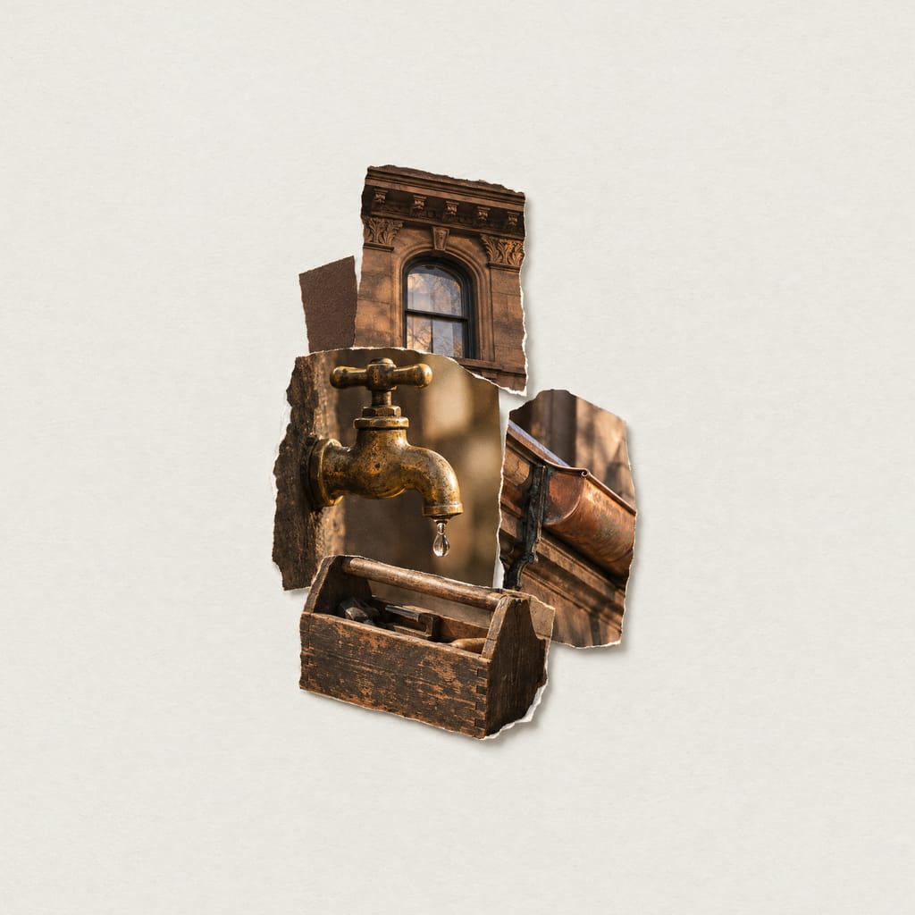 A collage of cut-out photographs on pale paper: the arched top-floor window of a brownstone, a worn brass faucet with a single drop of water, a copper gutter and an old wooden toolbox.