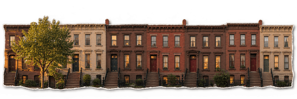 A long row of cut-out photographs of brownstone, brick and limestone townhouses with stoops and iron railings and a street tree, edged in torn white paper.
