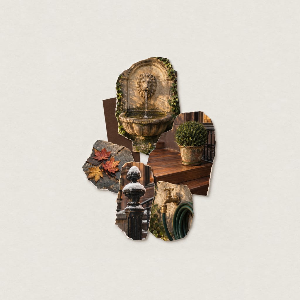 A collage of cut-out photographs of a garden through the seasons on pale paper: a stone lion-head wall fountain, a boxwood on a hardwood deck, maple leaves on bluestone, a snow-capped iron newel post and a hose bib with a coiled hose.