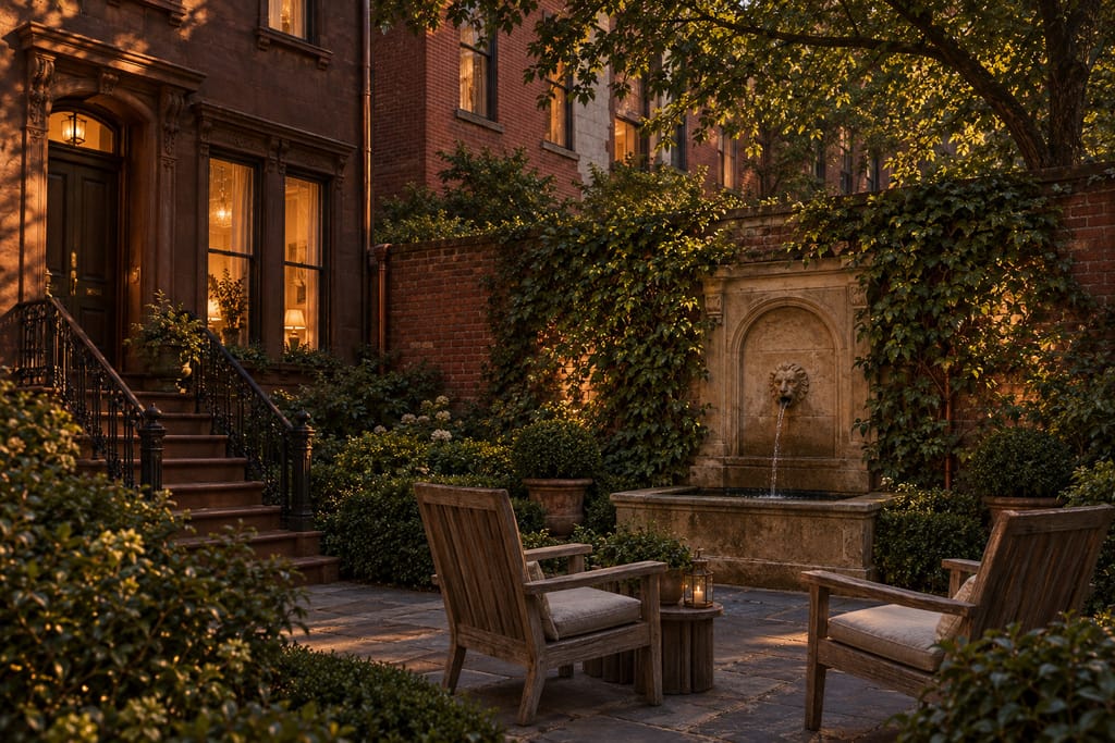 A stone wall fountain in a brownstone's back garden, surrounded by ivy and boxwood.