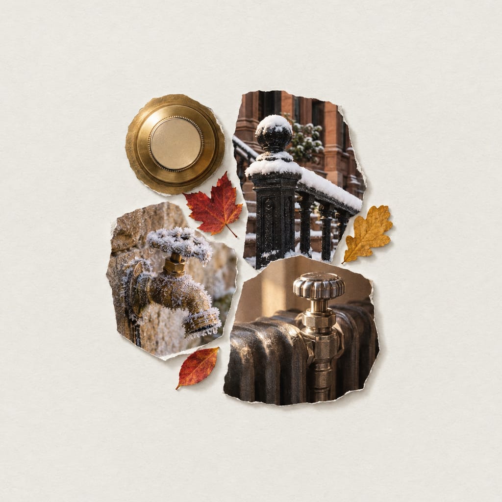 A collage of cut-out photographs of a brownstone through the seasons on pale paper: a brass thermostat dial, autumn leaves, snow on an iron stoop railing, a frosted outdoor hose bib and a steam radiator valve.