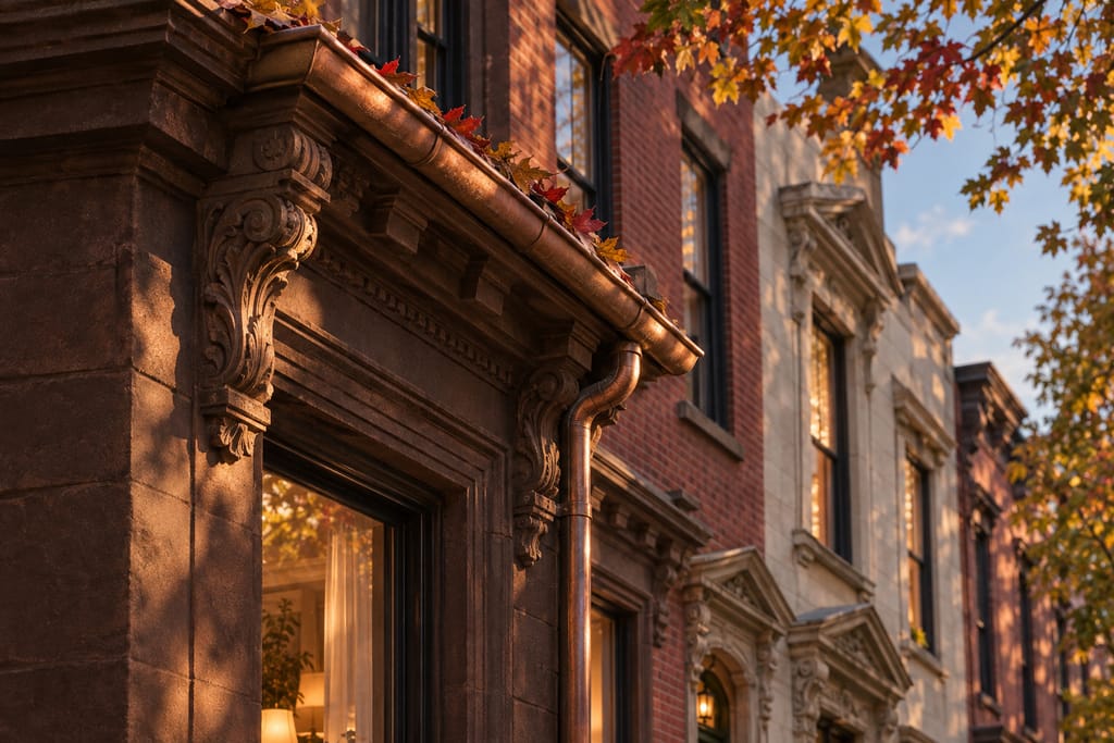 A copper gutter beneath a bracketed brownstone cornice, with autumn leaves at the roof edge.