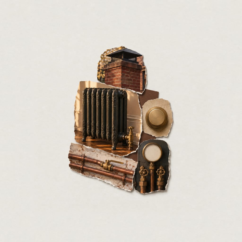 A collage of cut-out photographs of heating on pale paper: a brick chimney top, a cast-iron radiator with a brass valve, a brass thermostat, copper hot water pipes with a ball valve and a boiler pressure gauge.