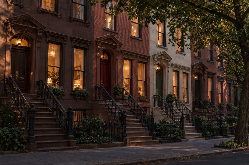 A row of brownstone townhouses at dusk, with lit parlor windows, high stoops and black iron railings.