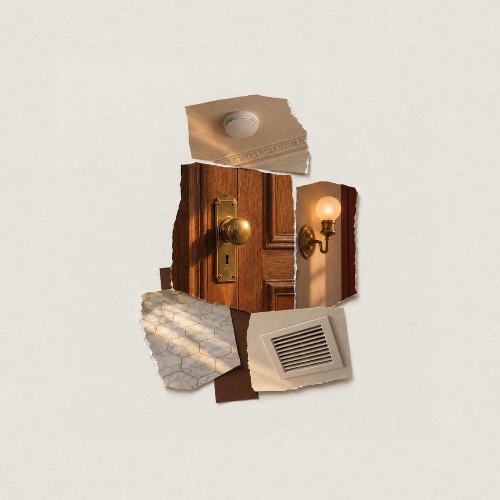 A collage of cut-out photographs of a brownstone's interior on pale paper: a brass knob on a paneled oak door, a brass wall sconce, a smoke alarm beside a ceiling molding, marble hexagonal tile and a bathroom exhaust grille.