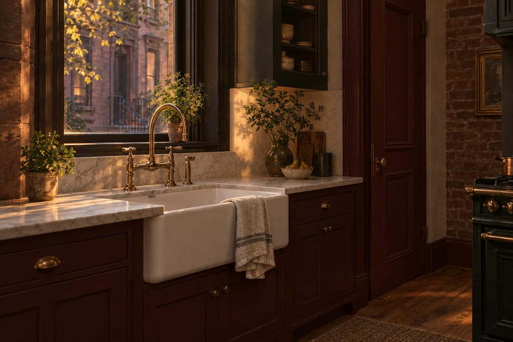 A farmhouse kitchen sink with a brass bridge faucet and marble counters.