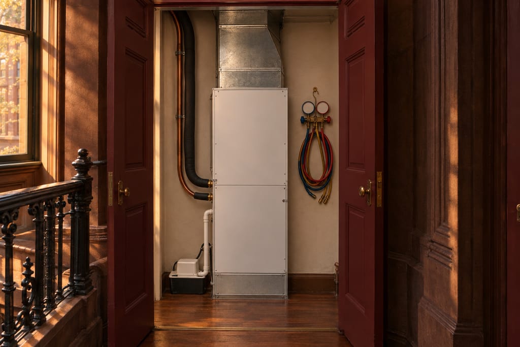 An air handler for central air conditioning in a townhouse closet, with insulated refrigerant lines, a condensate pump and a refrigerant gauge set on the wall.