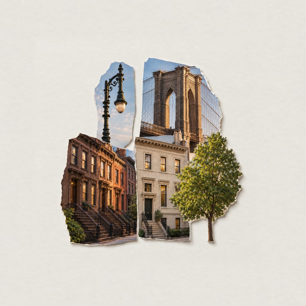 A collage of cut-out photographs of New York on pale paper: a cast-iron street lamp, a stone tower of the Brooklyn Bridge, a row of brownstones with high stoops, a pale limestone townhouse and a street tree.