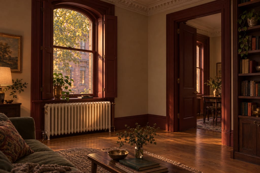A cast-iron radiator beneath a tall window in a restored parlor-floor room.