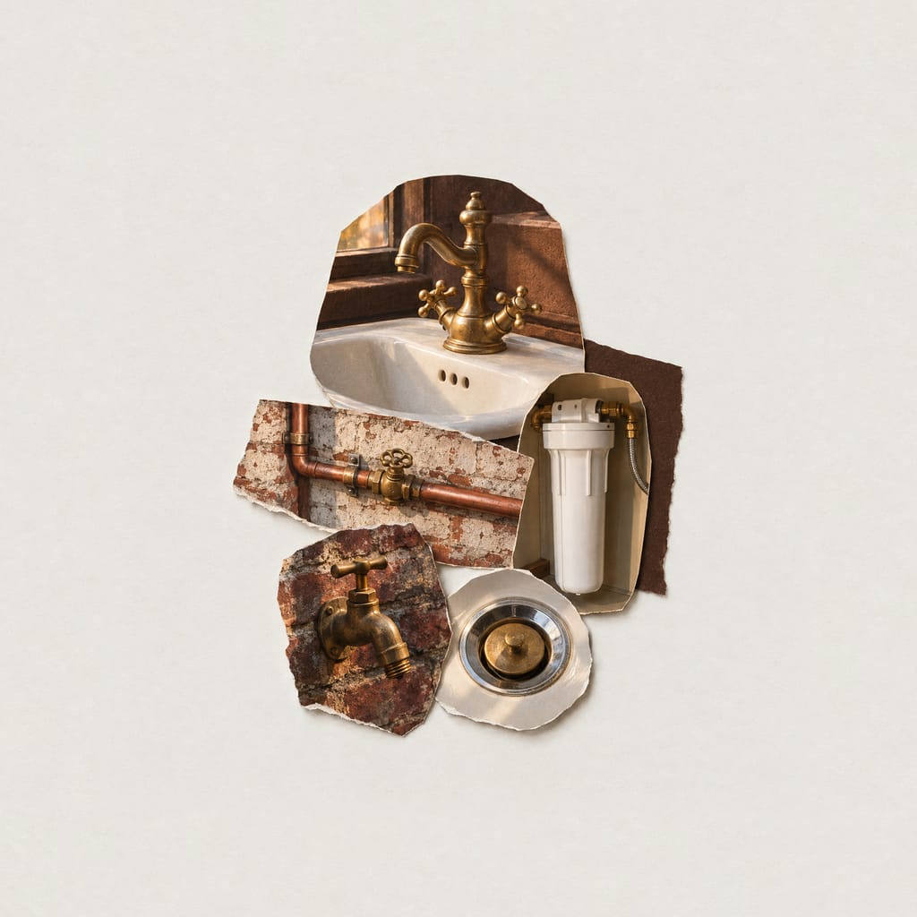 A collage of cut-out photographs of plumbing on pale paper: a brass faucet over a porcelain basin, copper pipes with a shutoff valve, an under-sink water filter, a brass hose bib and a sink drain.