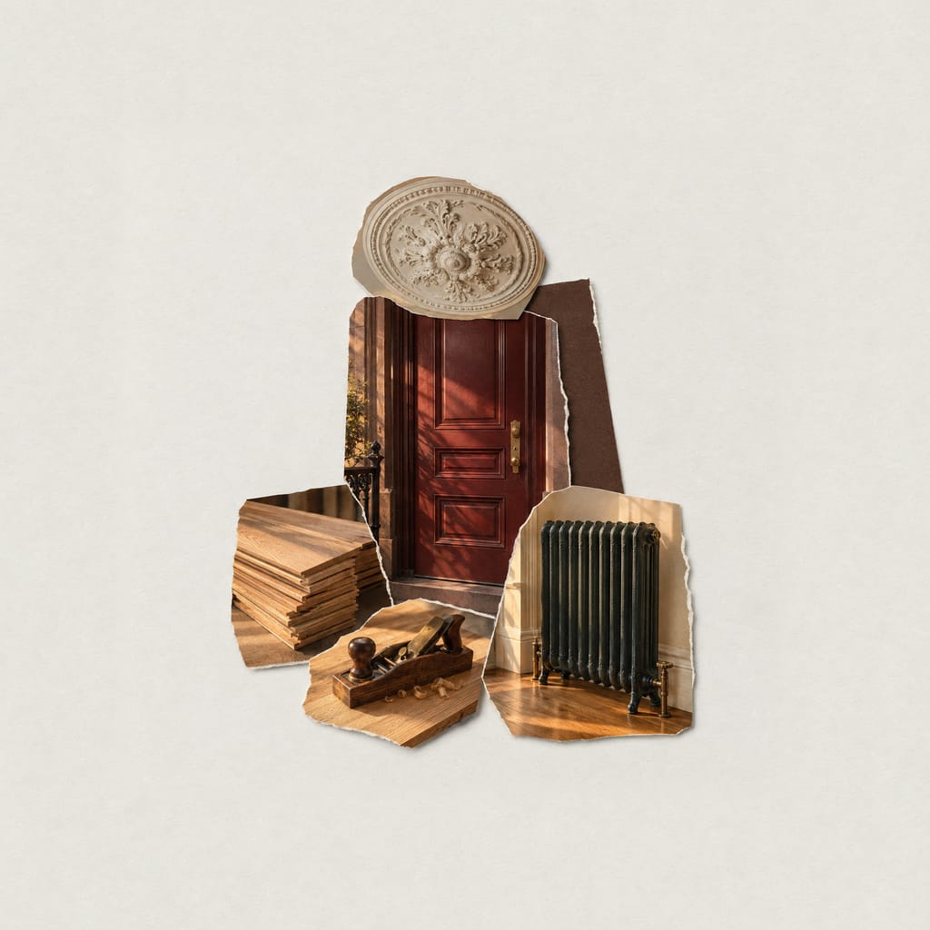A collage of cut-out photographs of renovation work on pale paper: a plaster ceiling medallion, a freshly painted oxblood paneled door, a stack of new oak floorboards, a hand plane and a restored cast-iron radiator.