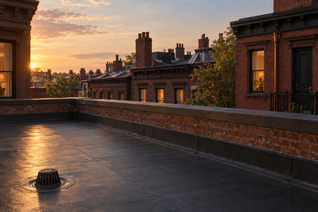 A newly waterproofed flat roof with fresh flashing along a brick parapet.