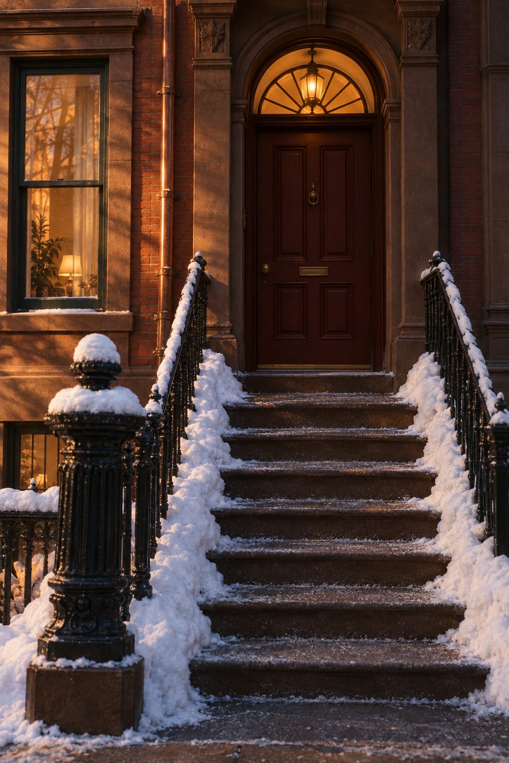 A freshly shoveled and salted brownstone stoop after snow, with light in the fanlight above the door.