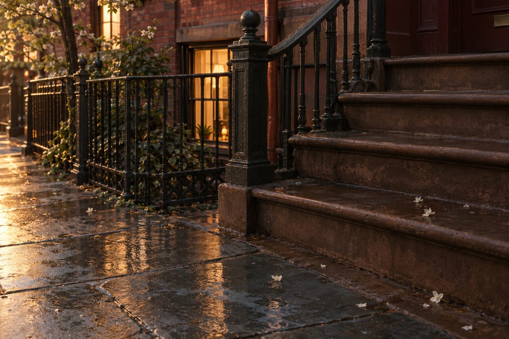 A freshly washed brownstone stoop and sidewalk in spring, with window boxes and a flowering tree.
