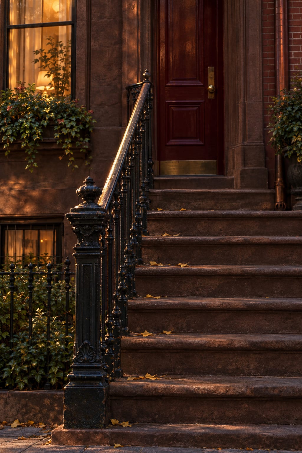 A brownstone stoop in autumn, with leaves on the steps and a cast-iron railing.