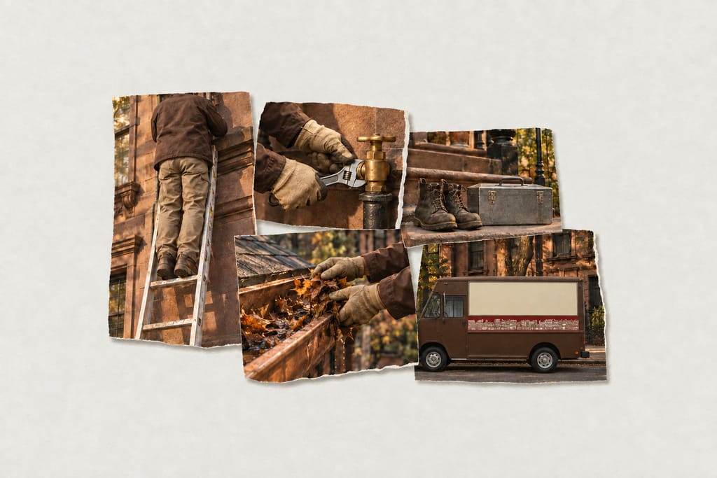 A collage of cut-out photographs of a crew in brown and tan work clothes on pale paper: a technician on a ladder seen from behind, gloved hands turning a valve with a wrench, boots and a toolbox on a stoop, hands clearing leaves from a gutter and the company's brown step van with its cream panel and a band of townhouses.