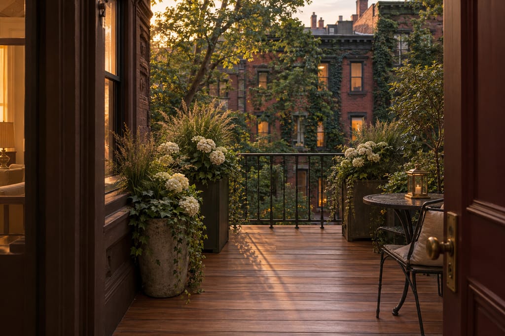 An oiled hardwood deck on a townhouse terrace, with planters and ivy-covered brick beyond.
