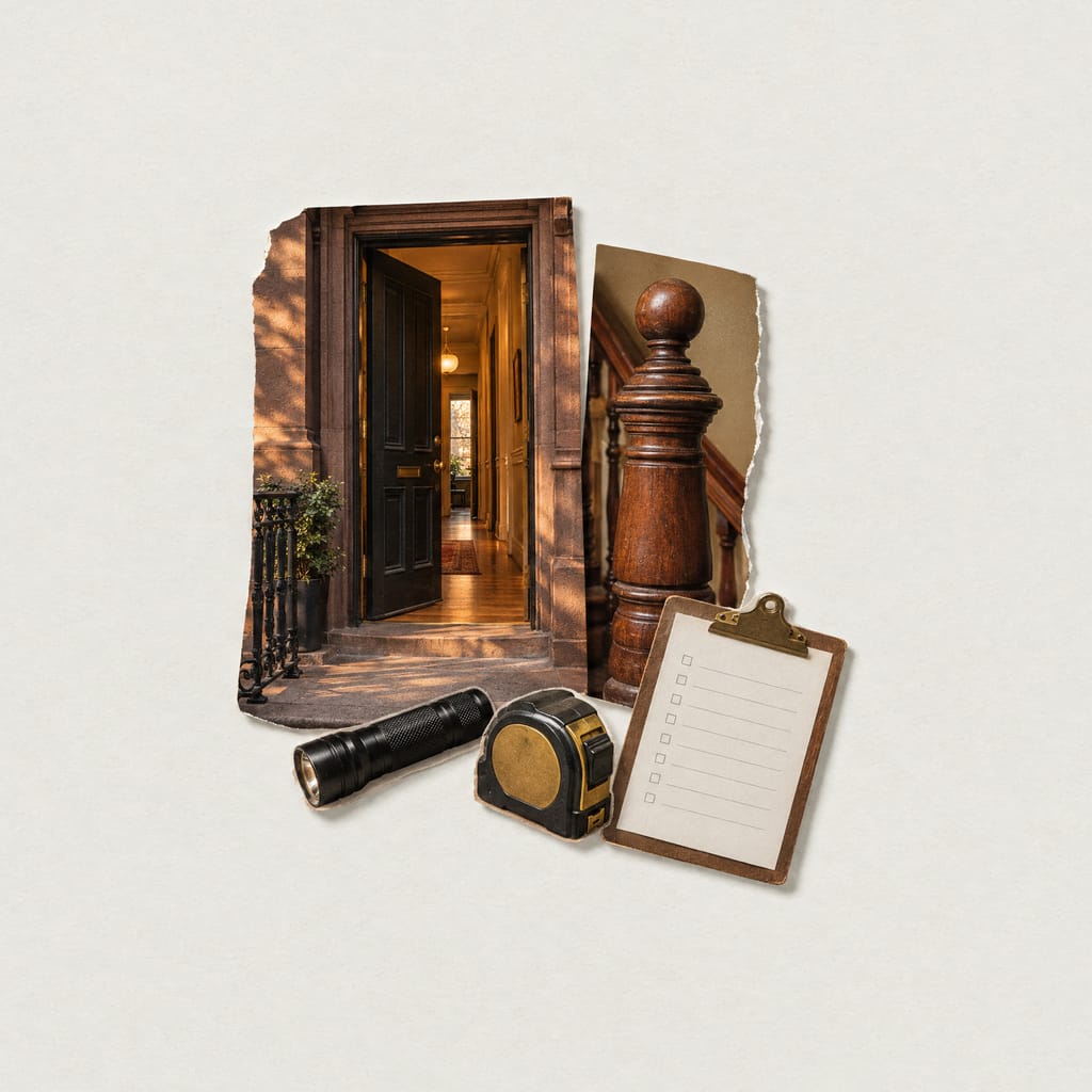 A collage of cut-out photographs on pale paper: a brownstone front door standing open onto a lit hallway, a turned wooden stair newel post, a flashlight, a tape measure and a clipboard with a blank checklist.