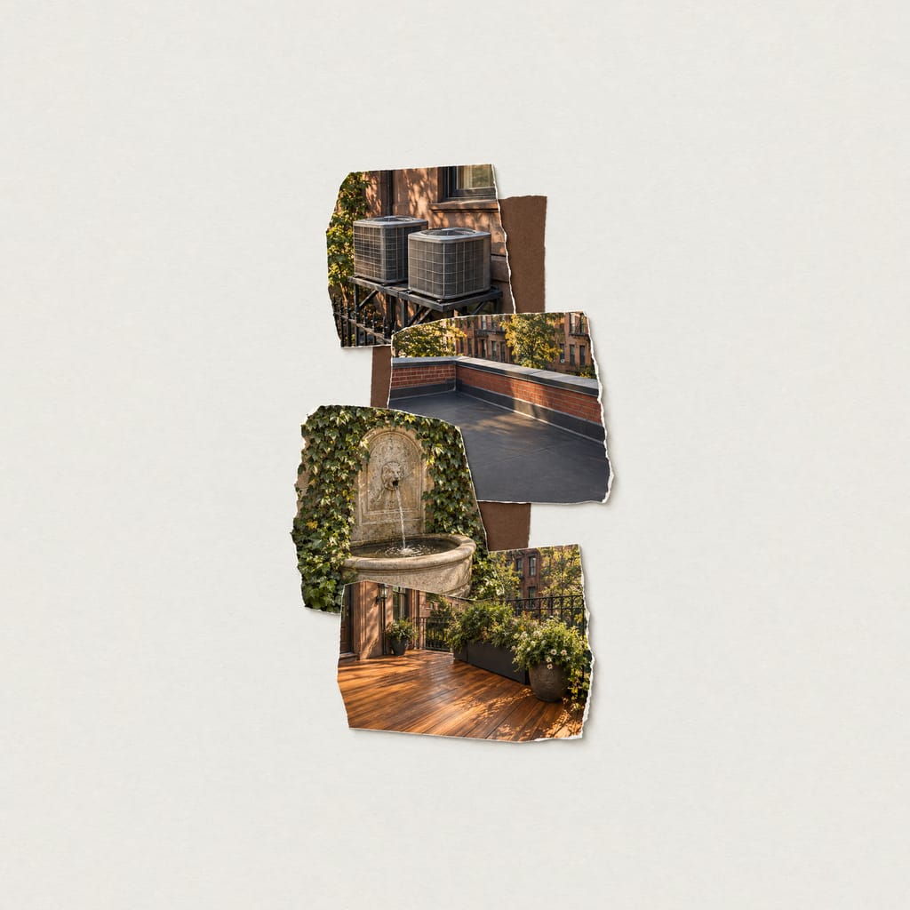 A collage of cut-out photographs of finished work on pale paper: two air-conditioning condensers on a steel rack, a new roof membrane at a brick parapet, a stone wall fountain framed by ivy and an oiled ipe deck with planters.